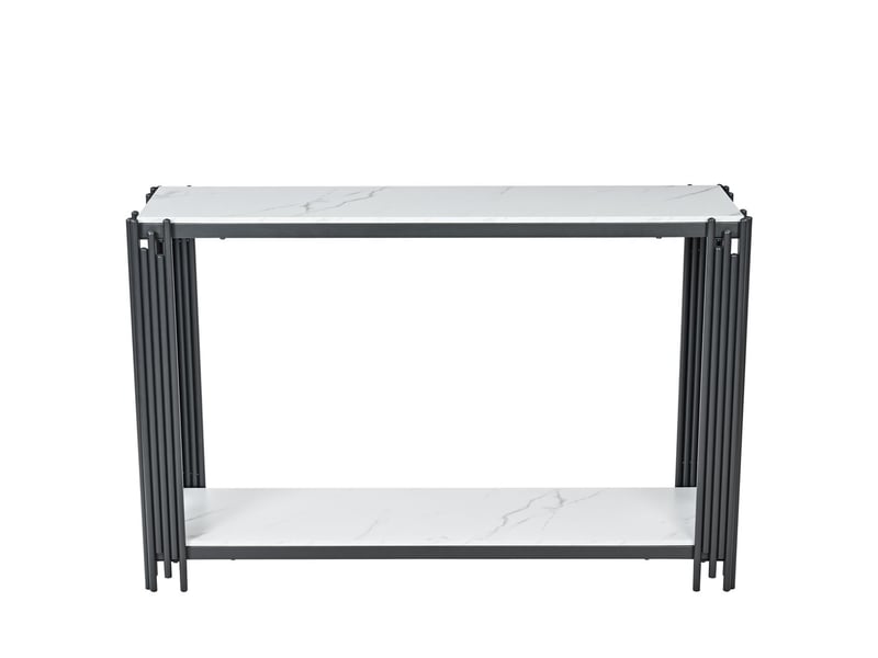  Table basse 2 niveaux de rangement effet marbre blanc cadre métal noir format étroit design moderne table décorative  - Conforama A