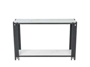 Table basse 2 niveaux de rangement effet marbre blanc cadre métal noir format étroit design moderne table décorative
