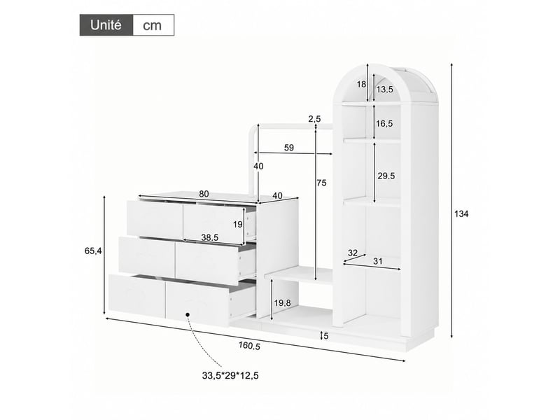 Commode blanche 6 tiroirs avec penderie et étagères en mdf, 160,5 x 40 x 134 cm - Conforama C