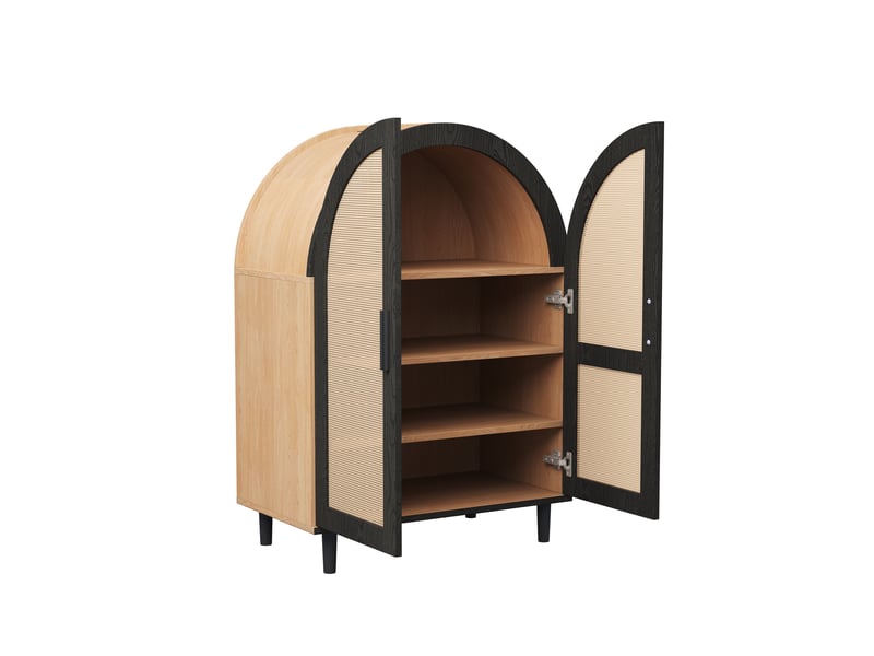  Buffet meuble à chaussures en rotin avec portes ajourées, design arrondi élégant et 3 étagères, rangement moderne  - Conforama E