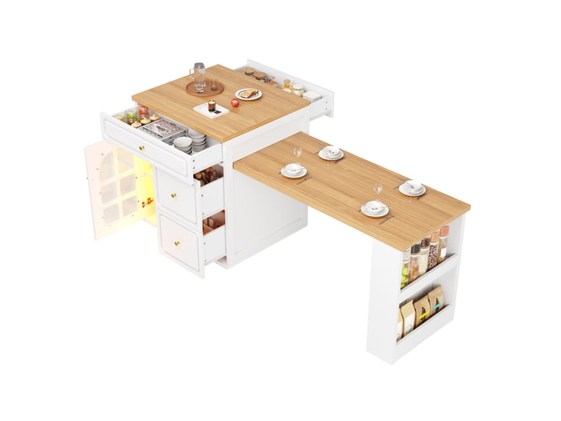 Îlot polyvalent pour cuisine extensible avec vitrine en verre et éclairage led rgb, longueur réglable 122,5-195,5 cm, couleur blanche. - Conforama A