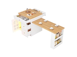 Îlot polyvalent pour cuisine extensible avec vitrine en verre et éclairage led rgb, longueur réglable 122,5-195,5 cm, couleur blanche.