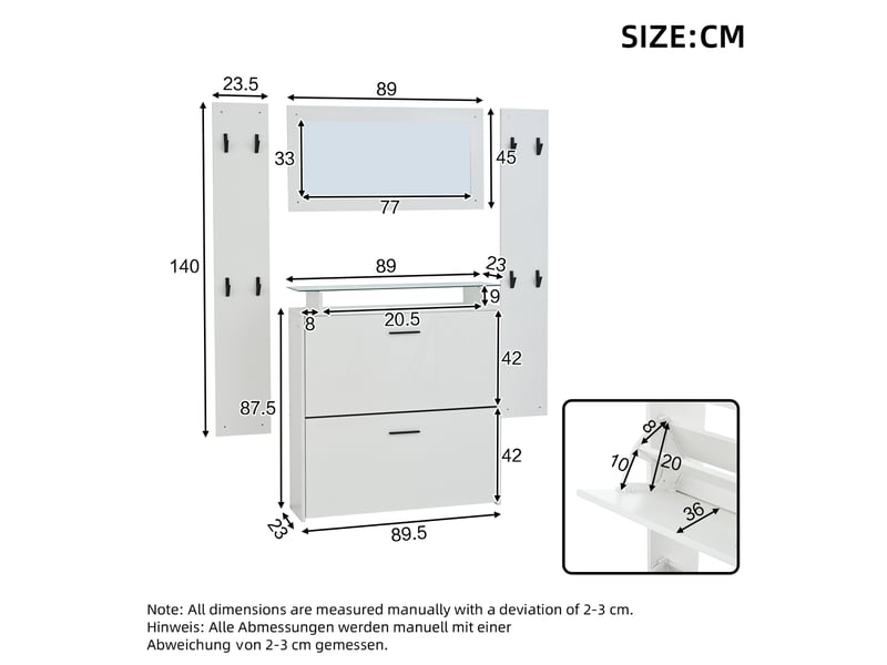 Ensemble d'entrée 4 pièces blanc, meuble à chaussures brillant, miroir, étagère en verre trempé et 8 patères pour couloir - Conforama C