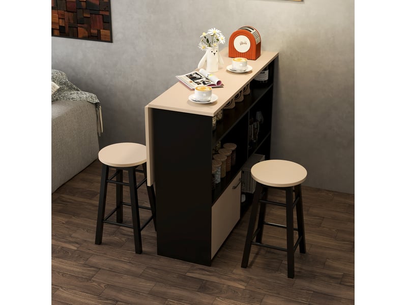  Ensemble de bar 2 places noir avec table pliante, rangements et 2 tabourets, 3 pièces, idéal pour petits espaces  - Conforama E