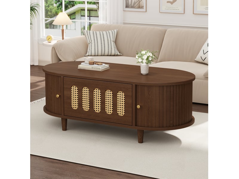  Table basse 100x50x40 cm avec tiroir et 2 portes à rideau en mdf, finition noyer  - Conforama B