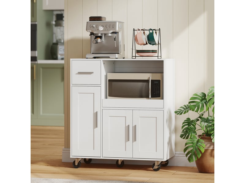 Chariot de cuisine à roulettes, meuble micro-ondes, compartiment coulissant, tiroir, meuble 3 portes, 80 x 40 x 88,7 cm, blanc - Conforama D