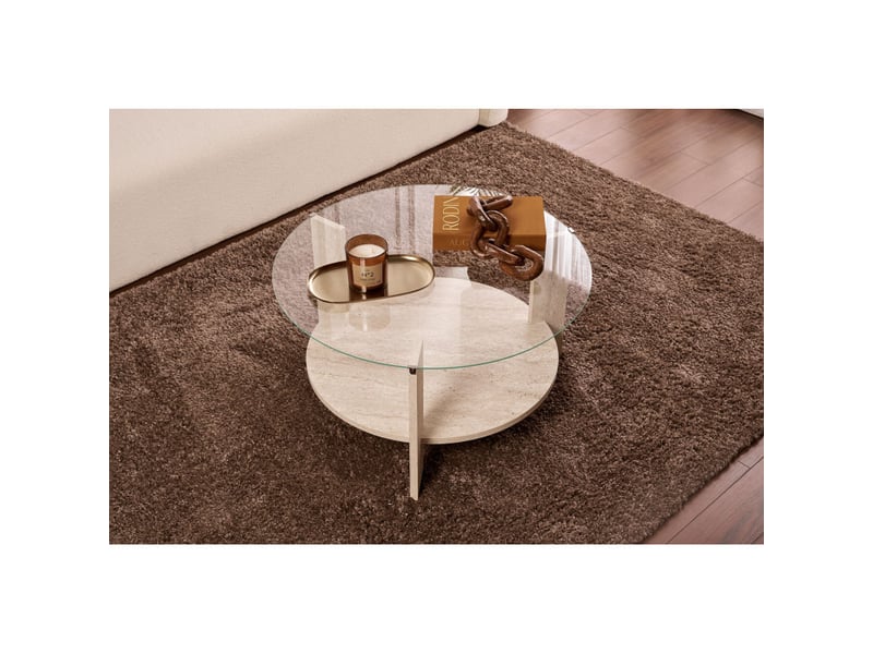 Table basse de salon en verre trempé et bois mdf mélaminé travertin et transparent 75 x 75 x 40 cm - Conforama D