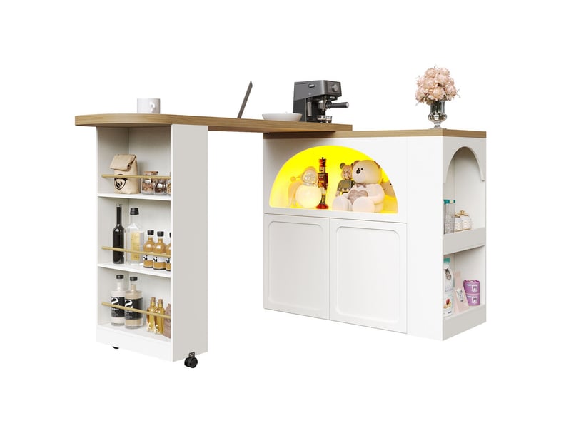 Buffet de cuisine, mobile table de bar extensible 135-205×39×100cm avec led, porte bombée,blanc  - Conforama A