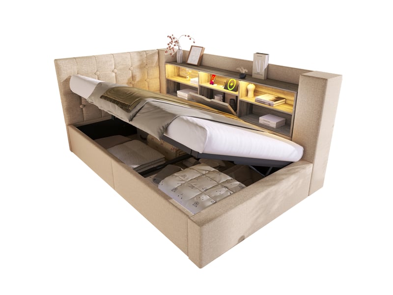  Lit coffre 90 × 200 cm avec led, usb-c et tête de lit réversible avec rangement, avec matelas, beige  - Conforama A