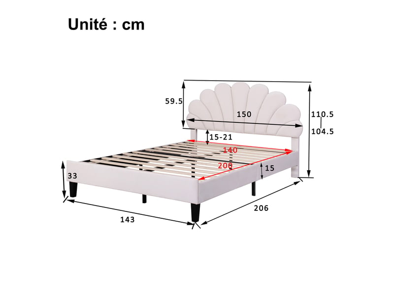 Lit double 140x200 cm - lit capitonné avec sommier à lattes et tête de lit, velours, confortable, beige, sans matelas - Conforama C