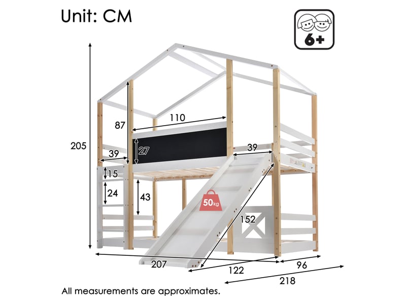  Lit superposé enfant 90 x 200 cm avec toboggan, échelle et toit, blanc et bois  - Conforama C