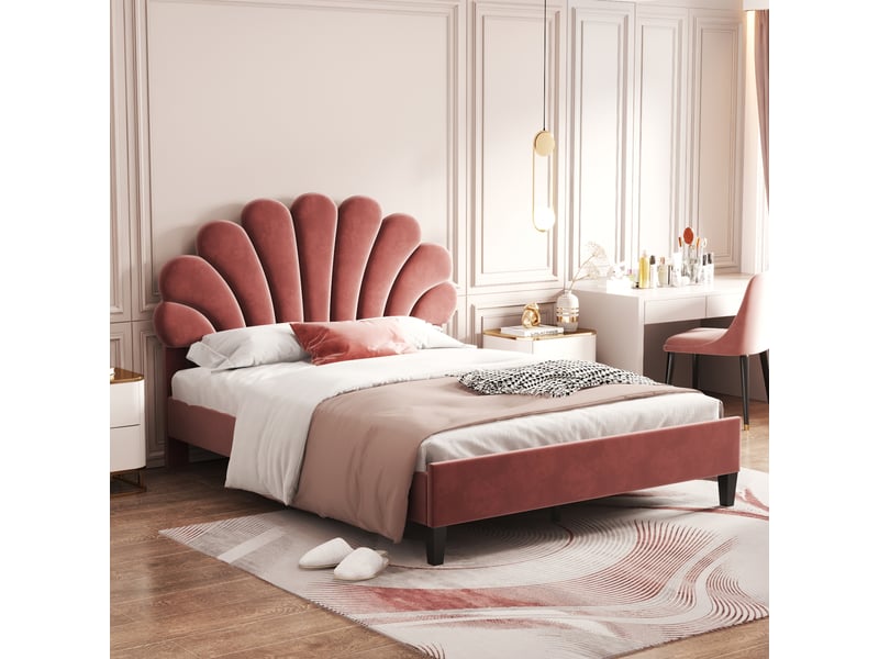  Lit adulte 140 × 200 cm 2 places avec tête de lit fleurie, sans matelas, en velours rembourré, rouge brique  - Conforama B