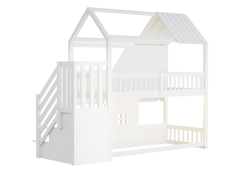 Lit mezzanine enfant 90×200 cm en forme de maison avec toit, led et rangements, blanc - Conforama D