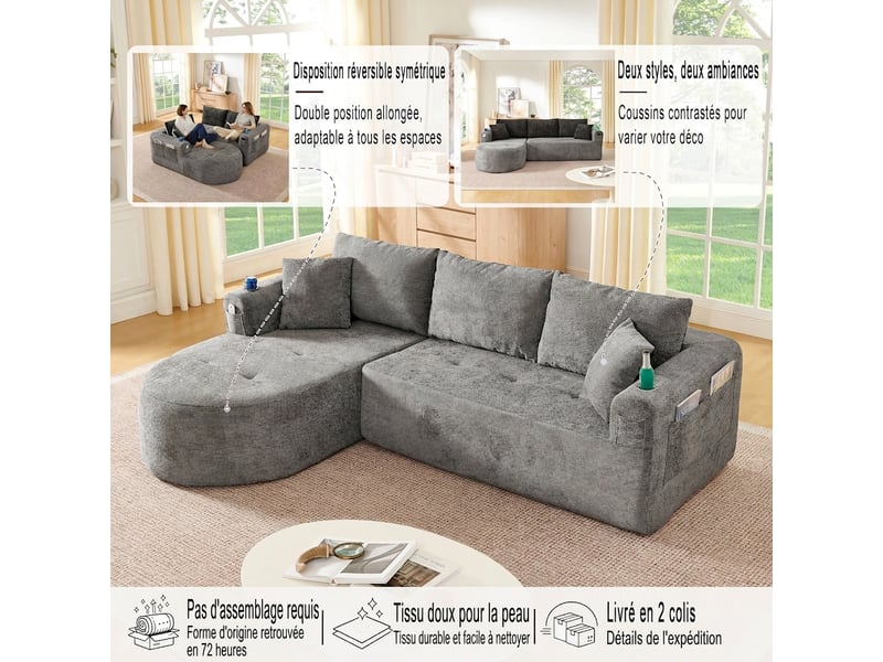 Canapé d'angle en l sans montage 255 x 170 cm 3 places avec porte-gobelet inox et rangements - Conforama R