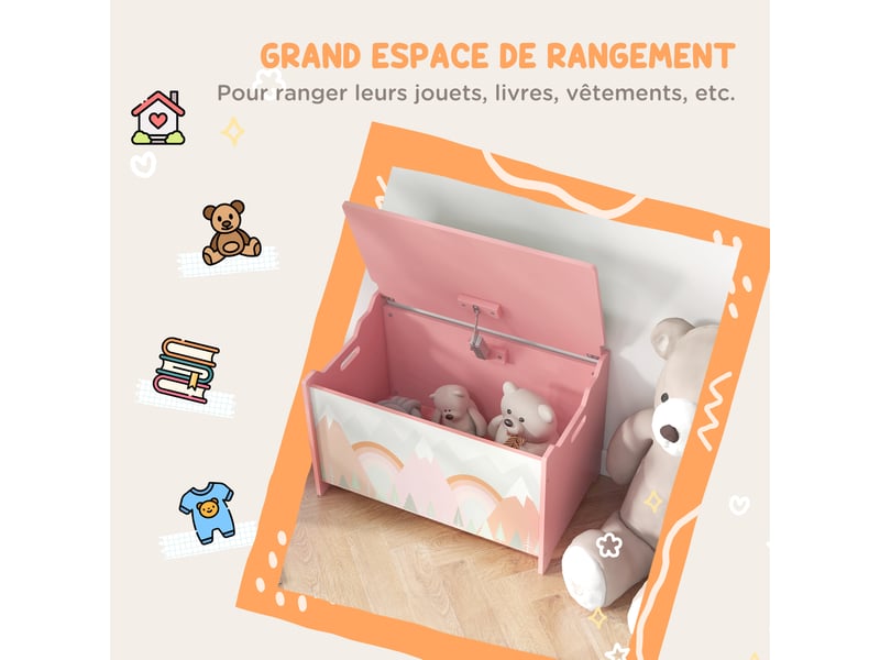  Coffre à jouet enfant coffre de rangement enfant couvercle rabattable motif de forêt coins arrondis rose 60 x 37 x 39 cm  - Conforama R