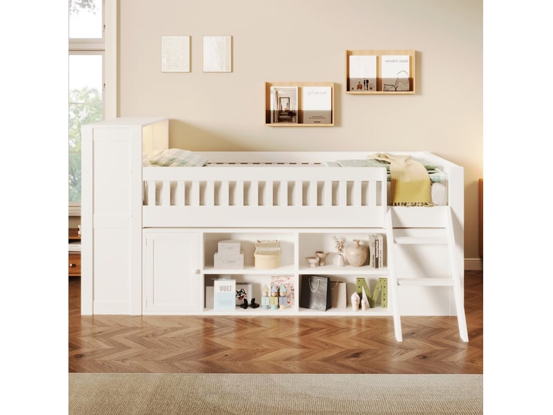 Lit simple 120 × 200 cm 1 place avec éclairage led, étagères et armoire, sans matelas, en bois blanc  - Conforama B