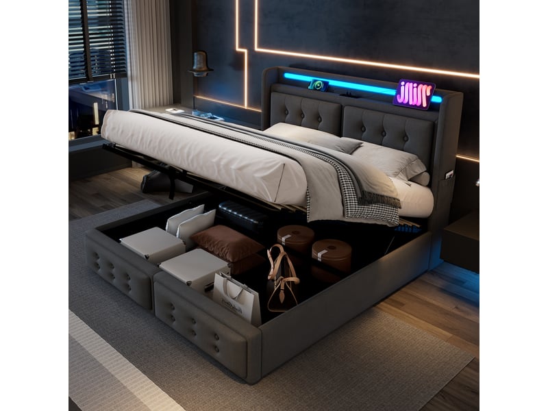  Lit coffre 160x200 cm led, usb-c, matelas, rangement hydraulique et sommier métal-bois  - Conforama D