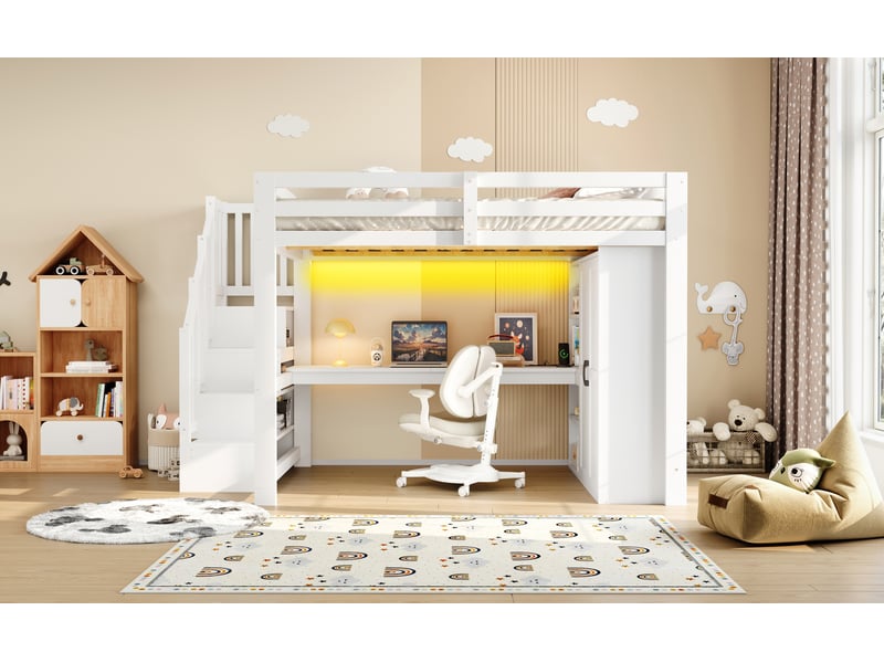 Lit mezzanine 140 × 200 cm, bureau, armoire, étagères, escalier de rangement, usb et éclairage led, pin et mdf, blanc - Conforama B