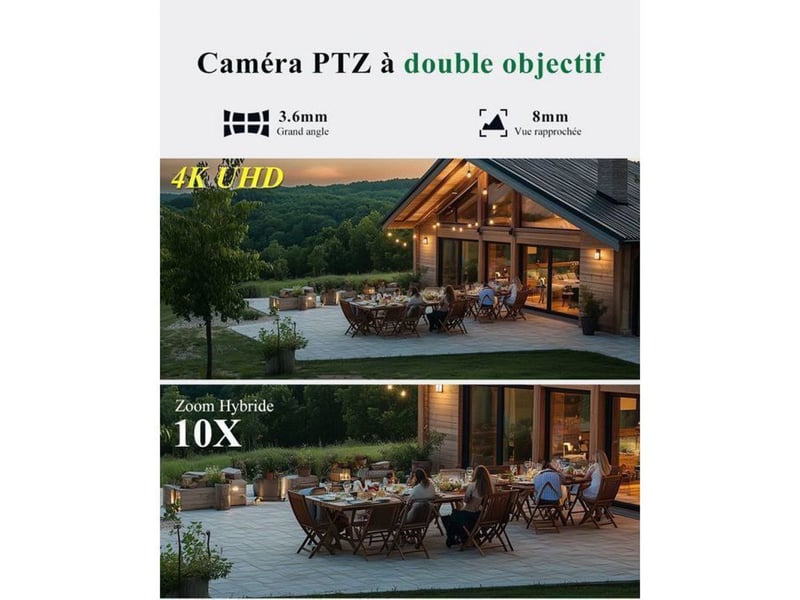  Caméra de surveillance ptz extérieure 4mp wifi 2.45ghz 180° double objectif 4x zoom hybride 8 presets vision 25m couleur noir  - Conforama C
