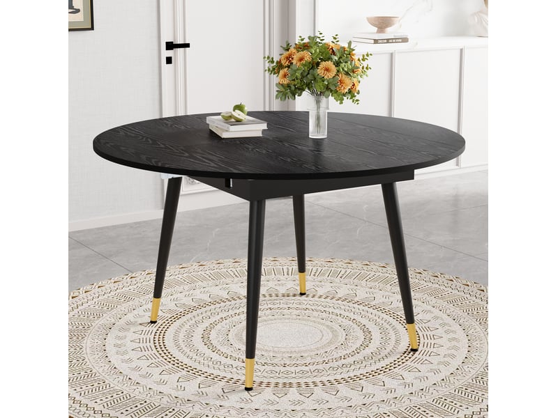 Table à manger extensible, table repas ronde à ovale, table gain de place, pieds métal dorés, mdf noir, 6 à 8 personnes  - Conforama R