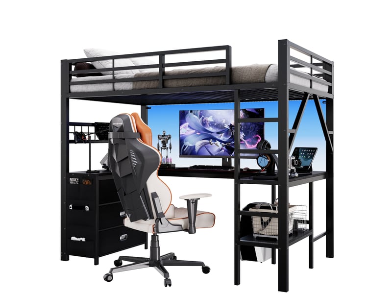  Lit mezzanine 90 × 200 cm avec bureau, 3 tiroirs, étagères et éclairage led pour chambre enfant en métal noir  - Conforama A