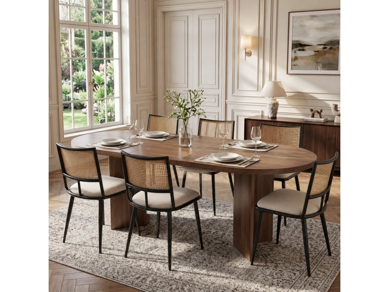 Chaises salle à manger élégance lot de 6, assise pu, dossier rotin, noir, salon et chambre - Conforama D