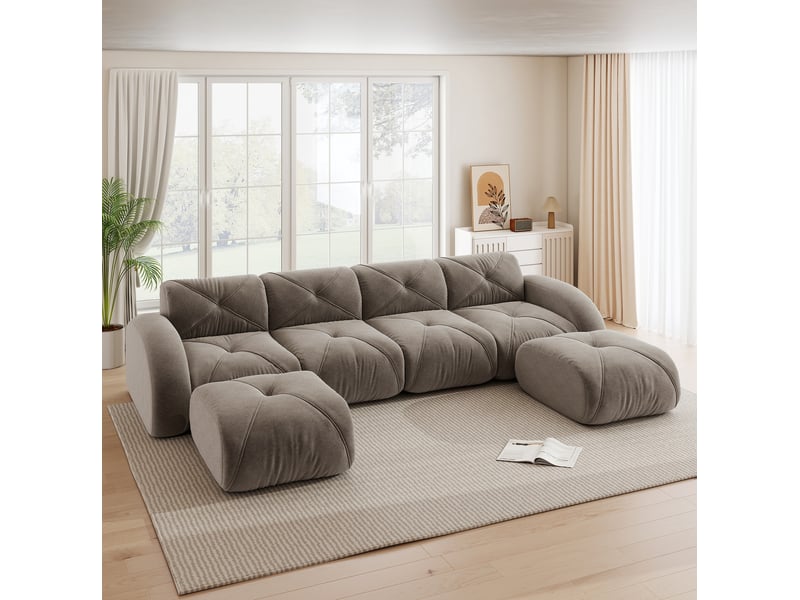  Canapé modulable en u 4 places avec 2 poufs en chenille taupe  - Conforama B