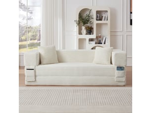 Canapé convertible 3 places 200x76x60 cm design carré velours côtelé blanc design moderne, confortable, pour salon desi