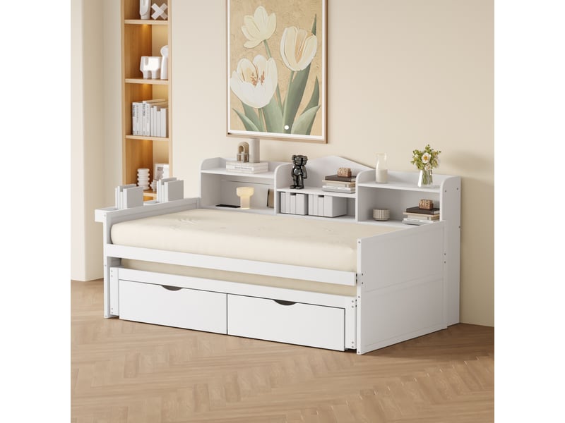  Canapé-lit en bois 90*200 avec lit extractible 90*190, tiroirs, rangements et usb, blanc  - Conforama C