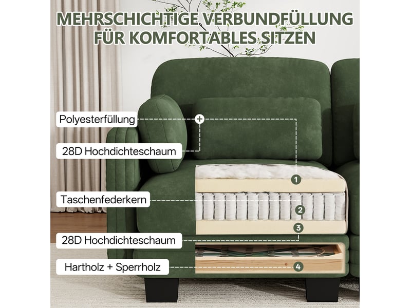  Canapé droit modulaire 3 places 253x88x88 cm, coussins lombaires et accoudoirs, structure bois, chenille vert  - Conforama E