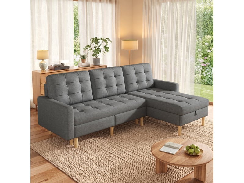 Canapé d'angle, canapé convertible, 3 places, en tissu, gris, 212x130x86 cm, mobilier pour espace de vie, pour salon - Conforama C