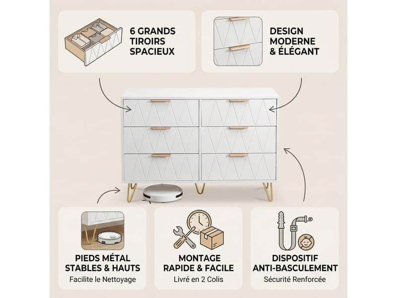  Commode chambre bois 100x34x72,5 cm, 6 tiroirs, meuble de rangement, anti-basculement, pieds en métal, style moderne luxe léger, blanc  - Conforama C