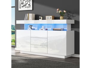 Buffet blanc laqué 140x35x80 cm avec 3 tiroirs et étagères, meuble de rangement moderne pour cuisine ou entrée