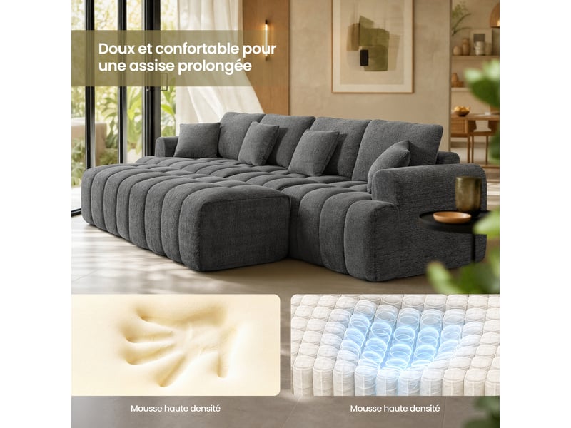  Ensemble canapé d'angle modulable et pouf, convertible en tissu chenille pour salon, gris  - Conforama C