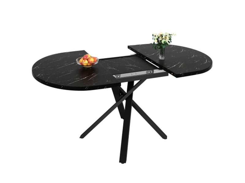 Table ronde extensible effet marbre 100 cm rallonge 140 cm piètement noir en x cuisine petit-déjeuner - Conforama E