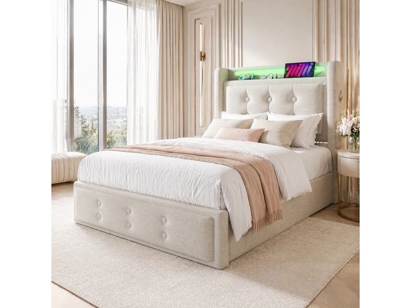  Lit coffre 1 place 90x200 cm avec led et ports de charge, beige  - Conforama B