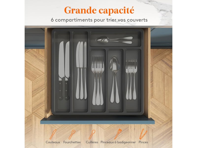  Range couverts pour tiroir avec couvercle, boîte de rangement couverts de cuisine, organisateur de couverts en plastique 6 compartiments, noir  - Conforama B