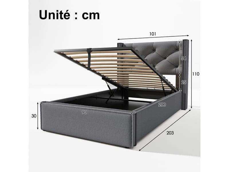  Lit coffre 1 place 90x200 cm en coton avec tête rembourrée et rangement, sans matelas, gris  - Conforama D