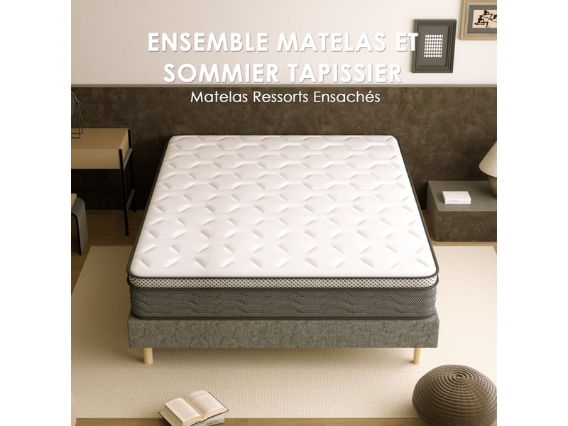 Sommier tapissé gris 160x200 + matelas ressorts ensachés 25 cm, 9 pieds fournis  - Conforama B