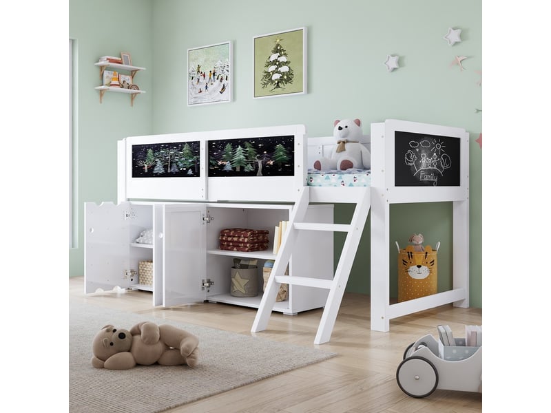  Lit mi-hauteur 90x200cm blanc avec armoires tableau échelle inclinée barrière sécurité bois N622T357012W - Conforama B