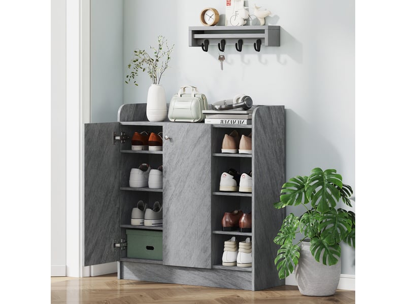  Étagère à chaussures moderne en bois avec 4 étagères ouvertes et un espace de rangement pour 12 paires, 83 x 30 x 90 cm, gris ciment  - Conforama B