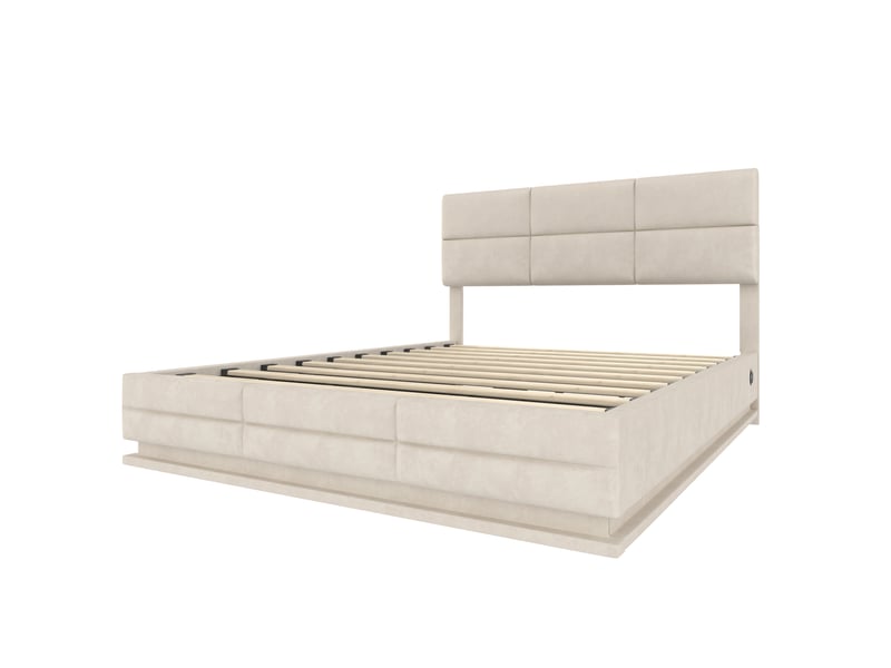  Lit coffre adulte 180x200 cm avec éclairage led et ports usb type-c, en velours beige, sans matelas  - Conforama E