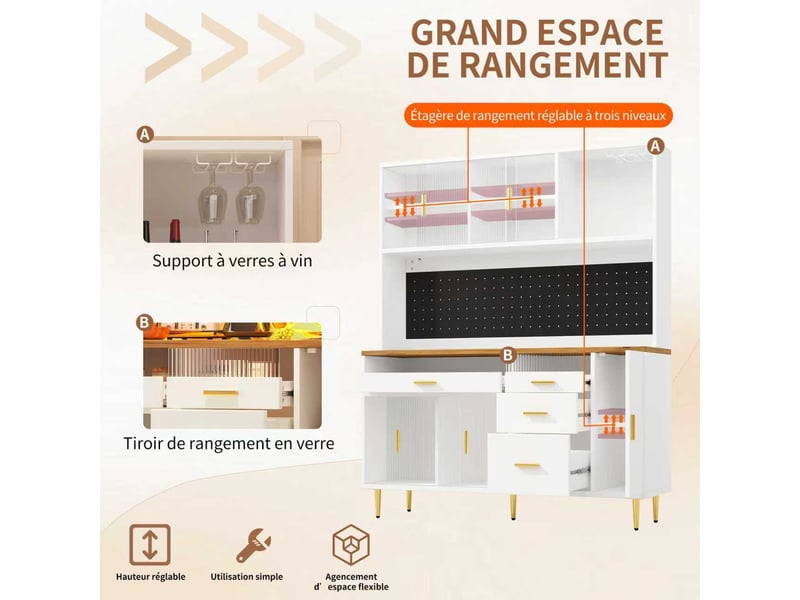  Meuble de cuisine muvano, buffet haut blanc avec éclairage led, portes vitrées coulissantes, 145 cm  - Conforama D