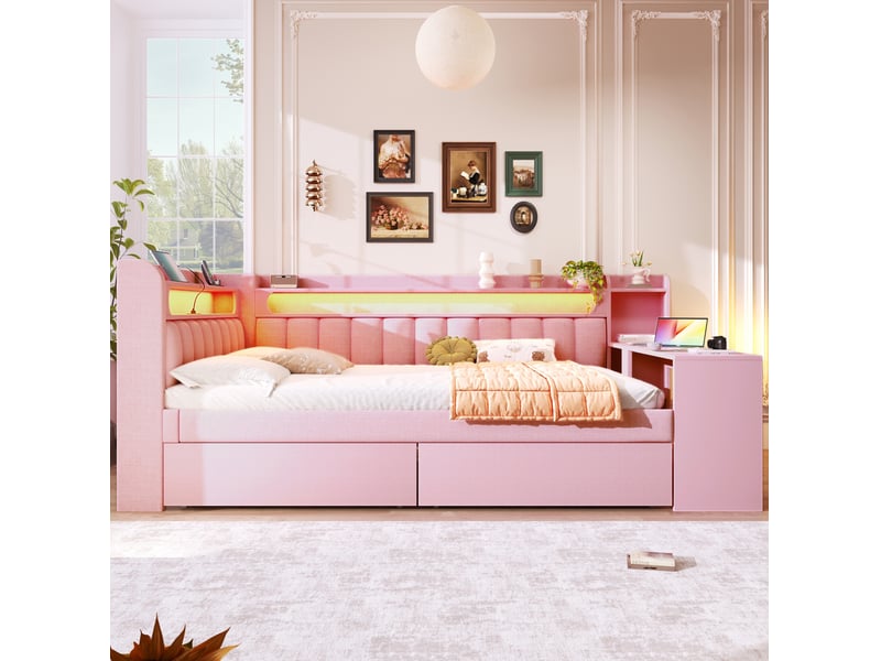  Lit combiné 140x200 cm rose avec bureau, led 7 couleurs, usb et 2 tiroirs  - Conforama E