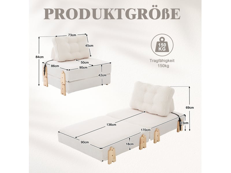  Fauteuil convertible modenvie pliable en velours côtelé beige, style nordique, 90 x 86 x 84 cm  - Conforama C