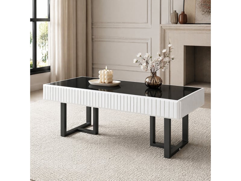  Table basse design 110x50,5x41 cm, plateau noir laqué, noir et coloris blanc, structure en mdf + panneau de particules  - Conforama B