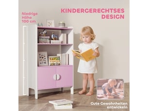 Bibliothèque enfant roseblanc, 2 étagères, 2 placards, anti-basculement, pieds antidérapants, mdf