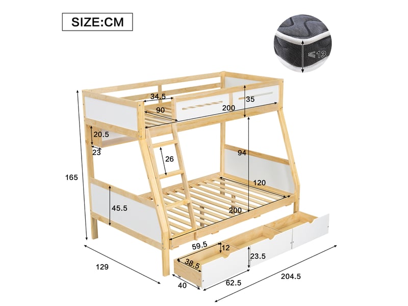 Lit superposé 90120x200 cm avec trois tiroirs, lit enfant avec étagère à livres de 2 m, cadre de lit en pin, blanc + naturel  - Conforama E