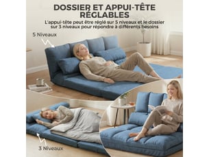 Chauffeuse matelas d'appoint pliant convertible - 2 coussins inclus, bleu - inclinaison dossier réglable 14 positions