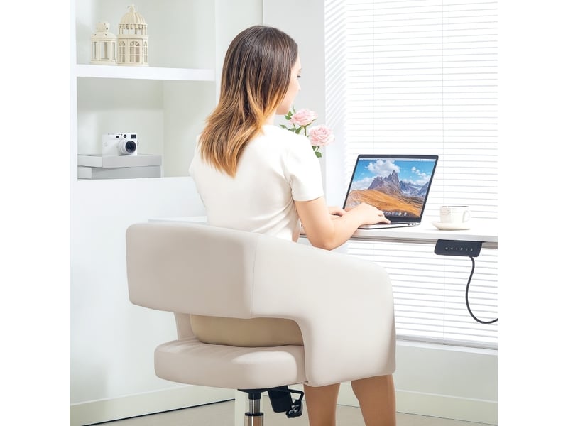  Chaise de bureau à roulettes réglable en polyester effet velours crème  - Conforama E